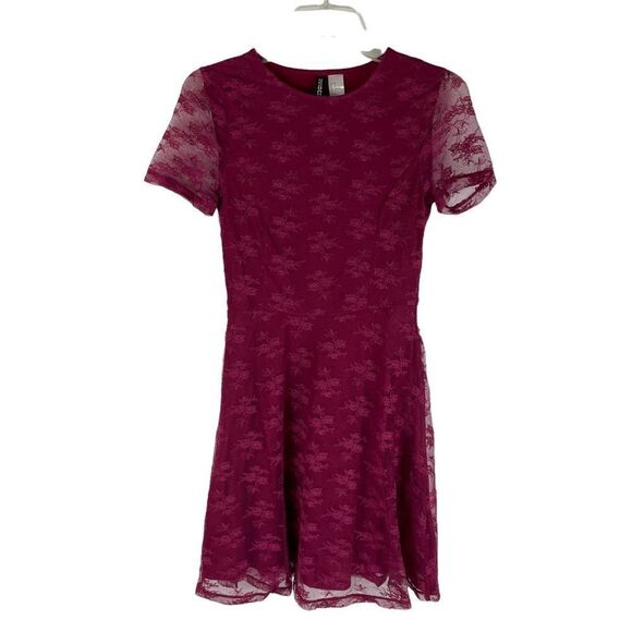 Divided Lace Dress Fit & Flare Burgundy Short Sleeves Lined Stretch Women's 4 - Picture 1 of 11